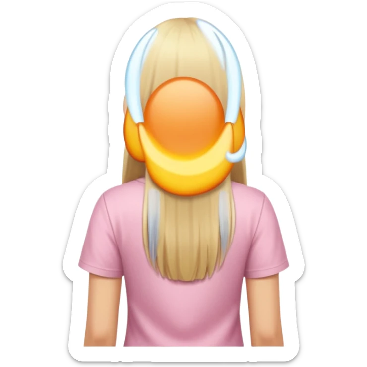 close up back view of long straight blonde hair, light pink shirt sticker