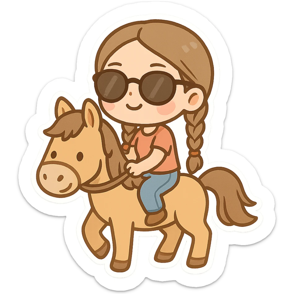cute woman with braids and sunglasses, sitting on a horse, fun cartoon style emoji sticker