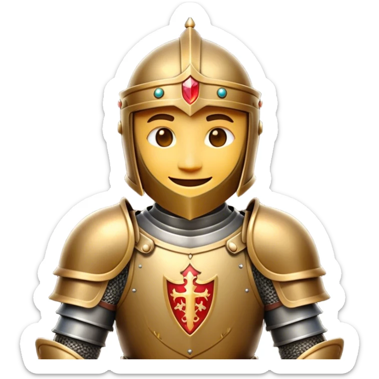 Clash of Clans aesthetic Cheerful Knight Portrait Emoji, With a radiant smile and an upright, confident stance, featuring an elegantly armored figure with intricate detailing and shining accents, his face in a natural skin tone, Simplified yet expressive features, highly detailed, glowing with a soft, luminous aura, high shine, upbeat and noble, stylized with an air of classic medieval heroism, soft glowing outline, capturing the essence of a cheerful knight ready to embark on legendary adventures! sticker