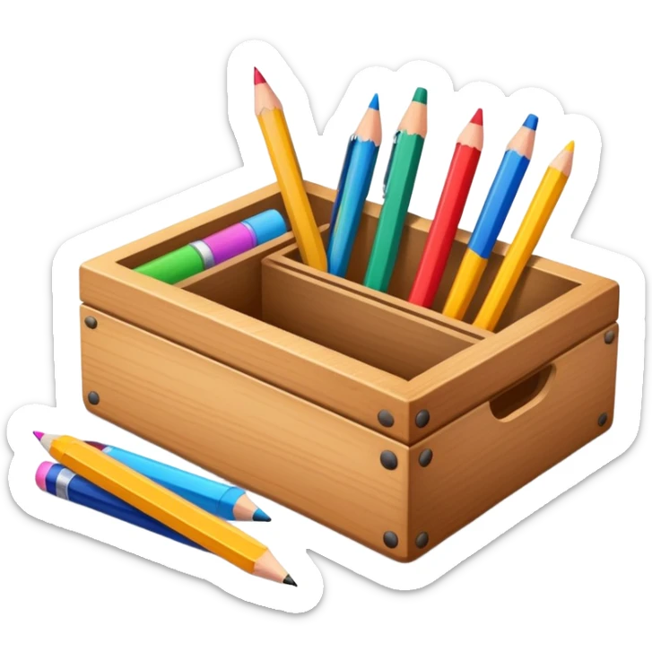 small box of teaching supplies with a pencil, ruler, and markers sticking out sticker