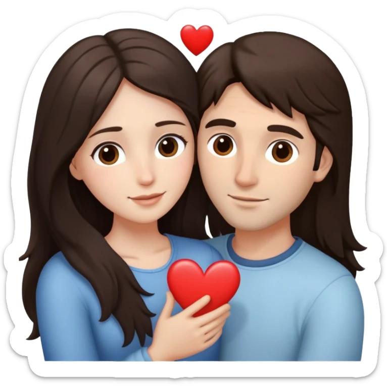 A couple embracing, man with light mestizo skin and straight dark brown hair, woman with fair skin and long slightly wavy dark brown hair, with white hearts around them sticker
