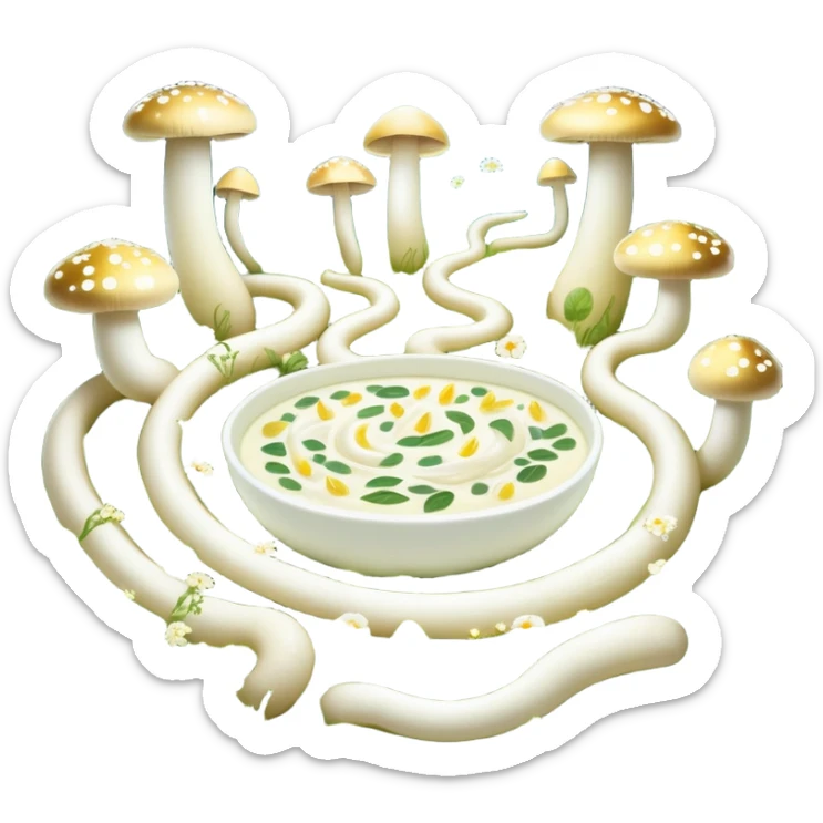 Glowing garden of probiotic foods: yogurt as white flowers, kefir as luminous mushrooms, and fermented vegetables as magical plants. Beneficial bacteria appear as tiny golden lights floating through the garden. The intestine forms a spiraling path surrounded by this magical ecosystem. sticker