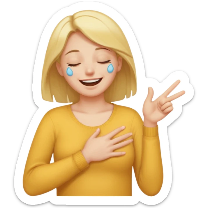 A person laughing with one hand pointing straight and one hand on his stomach with laughing tears in his eyes and closed eyes and straight pointing hand straight sticker