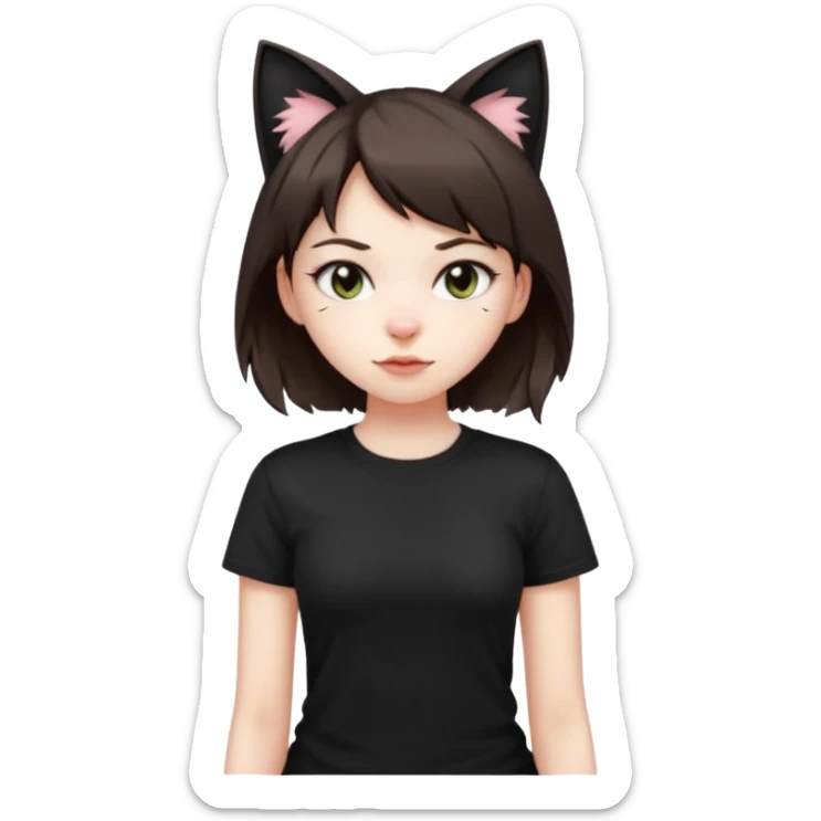 a girl with pale skin, short dark brown hair with lots of dandruff , cat ears and a tail, with a black t-shirt on sticker