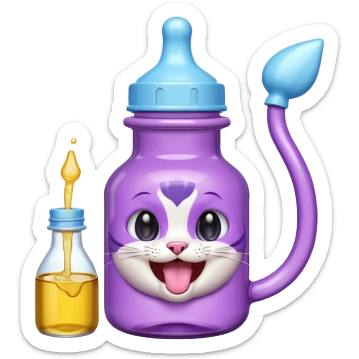 Smiling bottle of oil light purple top and light blue sticking tongue out and with cat ears sticker