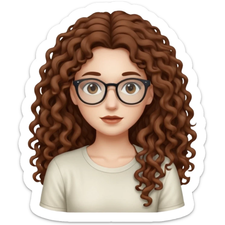 aesthetic white girl with cool coloured brown, very long curly hair, she wears an offwhite top and her eyes are black , and wears thin small glasses sticker