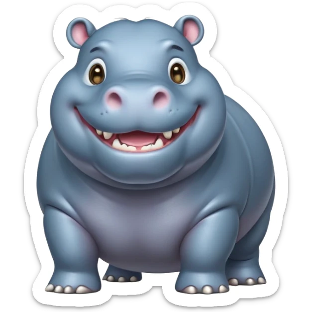 cinematic-hippo-realistic-full-body-side-view-standing-on-all-fours-emoji,-massive-round-frame,-wide-mouthed-grin-exposing-huge-teeth,-head-tilted-dramatically,-thick-greyish blue-hide-glossy, big cute eyes sticker