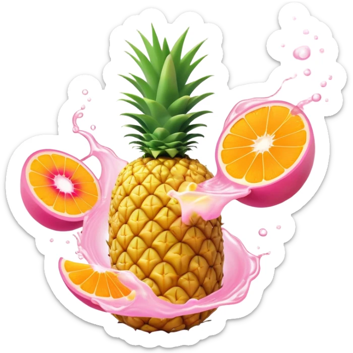 Golden pineapple, orange mango slices, pink papaya pieces, and a swirling white kefir drink floating around a glowing stomach. Light streams flow through the digestive system, showing enzymatic action dissolving blockages. sticker