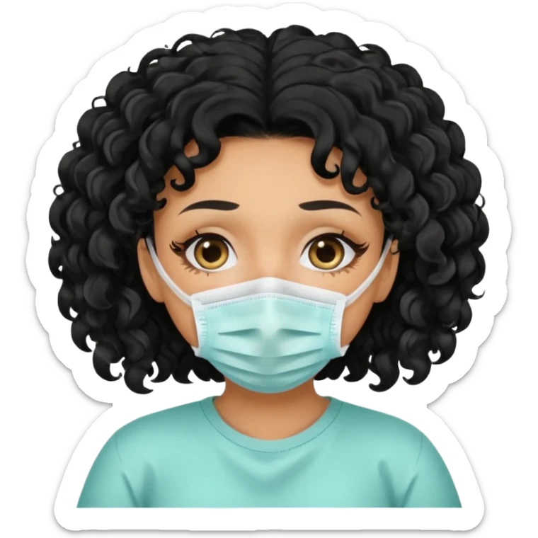 a pretty tan bratz girl with black curly hair. no makeup, looking sick, wearing a mask, coughing. sunken face sticker