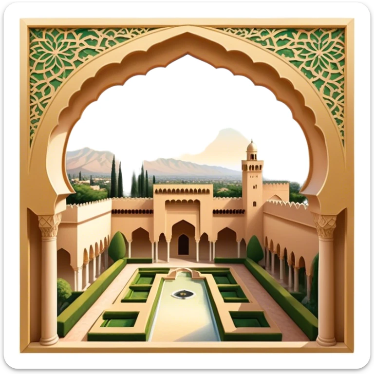 ​Cinematic Realistic Alhambra, depicted as a panoramic, zoomed-out view of the entire majestic Moorish palace complex with intricate arches, expansive courtyards, and lush gardens stretching into the distance, bathed in soft golden light that accentuates its opulent historical grandeur, sticker