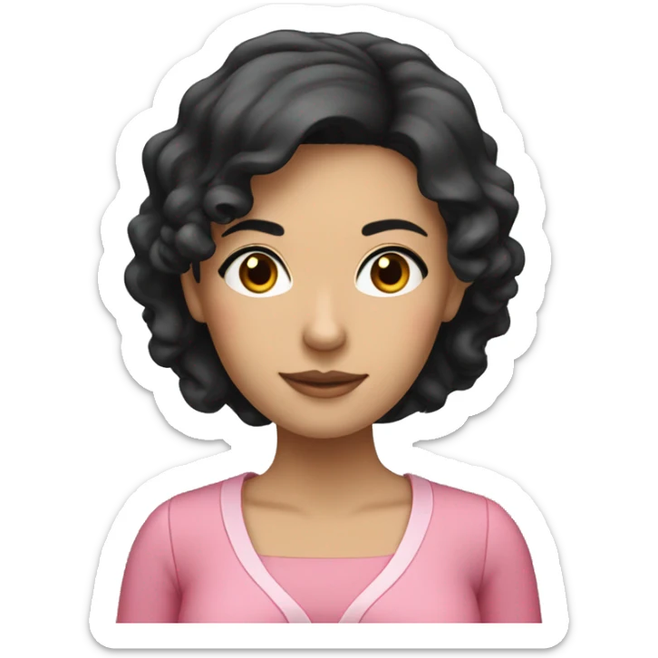 a female teacher with black hair, dark eyes and pink dress sticker