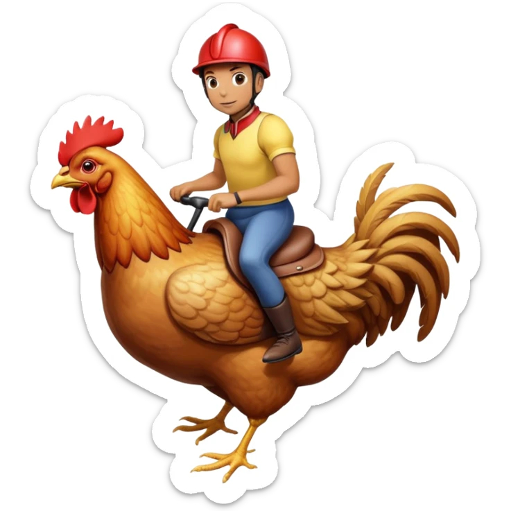 person riding a giant chicken like a jockey, funny meme, comical, human jockey on chicken sticker