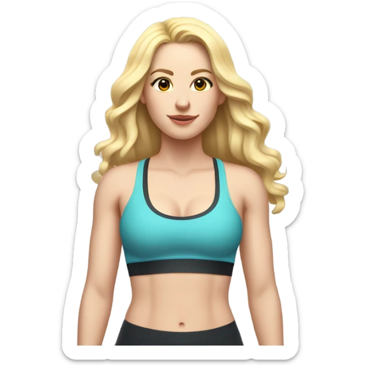 Woman, white skin, pale skin, long hair, blonde hair, wavy hair, standing, sports bra, leggings, measuring tape around waste sticker