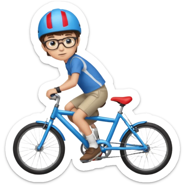 12 year old boy with short brown hair and a fringe, round glasses, blue eyes, riding a blue bike, wearing a red helmet sticker