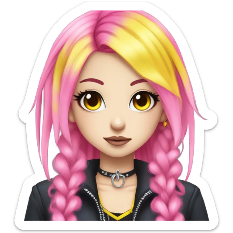 Blue eyed long eye lashes pout blonde and pink hair pale hime gyaru girl, hot pink and yellow split-dyed hair, nose ring, elf ears, dark makeup, punk clothes sticker