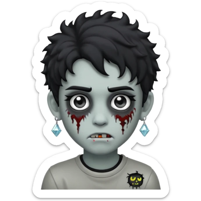 boy zombie with curly black hair emo grey skin skin and diamond stud earrings, make the emoji look like this one 🧟 sticker
