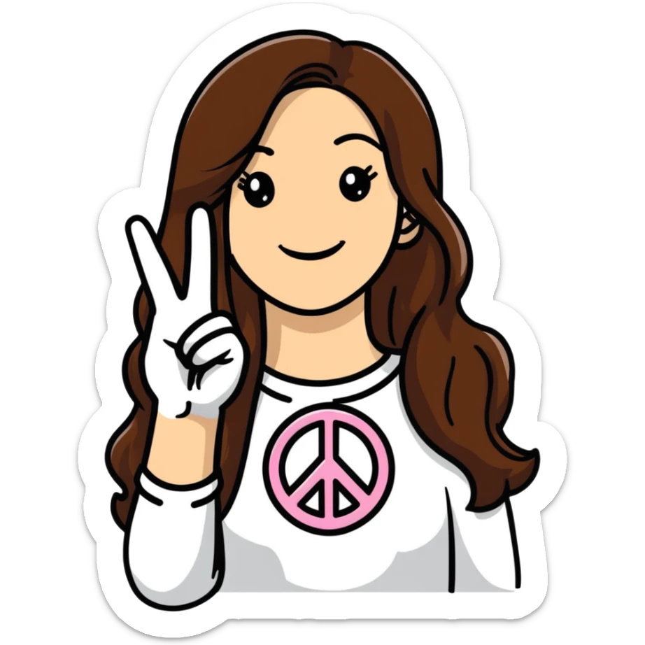 Young woman with long brown hair, smiling, making peace sign, TikTok star sticker