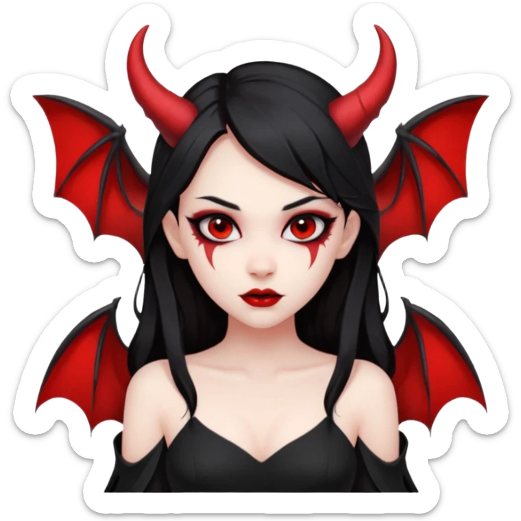 demon girl, skin red , black long hair, small horns, bat wing, black open-back dress, bold black outlines sticker