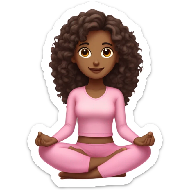 Dark brown, curly, long hair and super dark brown eyes yoga beautiful girl in light pink pink pink clothes sitting on a yoga mat sticker