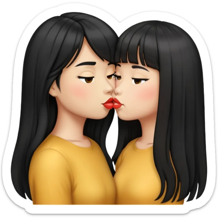 This emoji kissing an asian girl with long black hair and curtain bangs sticker