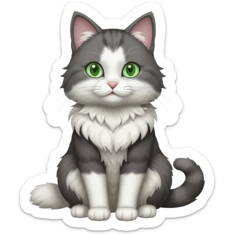 full body view of beautiful female solid dark grey cat with green eyes, white toes/paws and white patch on her chest sticker