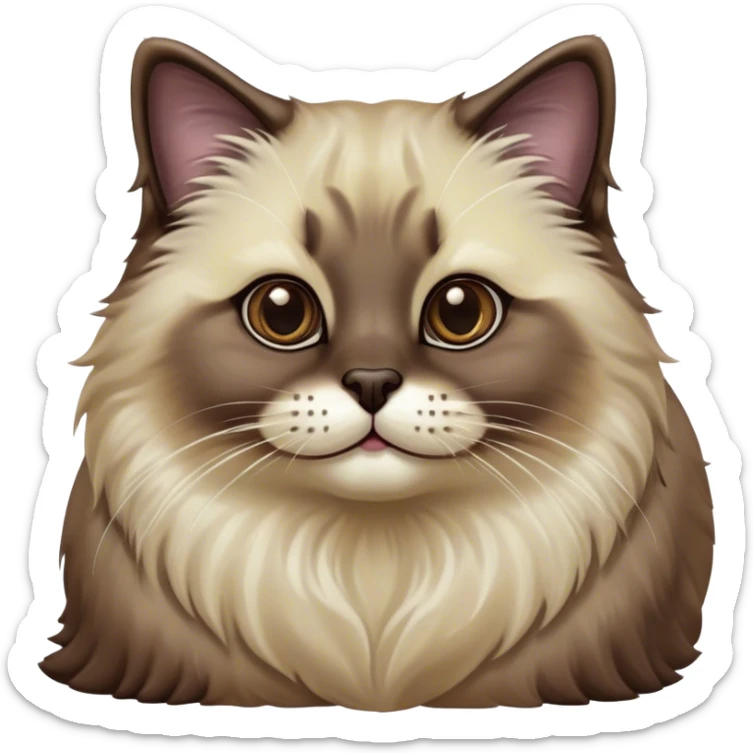 Cinematic Adorable Fluffy Brown Seal Ragdoll Cat Portrait Emoji, Head tilted elegantly with big, sparkling eyes, soft brown fur with darker seal points on the ears, face, and paws, Simplified yet regal features, highly detailed, glowing with a soft, warm glow, high shine, affectionate and playful, stylized with a touch of grace, bright and endearing, soft glowing outline, capturing the essence of a majestic and loving kitty, so elegant it feels like it could spring into motion with a regal leap! sticker