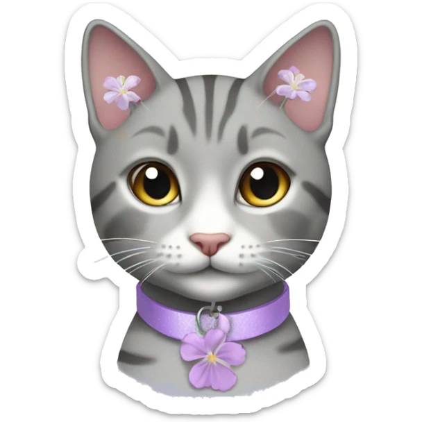 Beautiful girl grey tabby cat with lilac collar with white flower pendant sticker