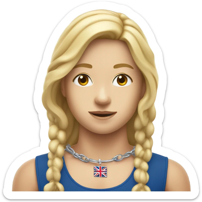 A girl with long blonde hair with wide shoulders wearing a Great Britain rowing swimming suit and has small muscles and add a necklace that has a sea shell pendant on it. She must have a  necklace is around the neck and the pendant is on her chest sticker