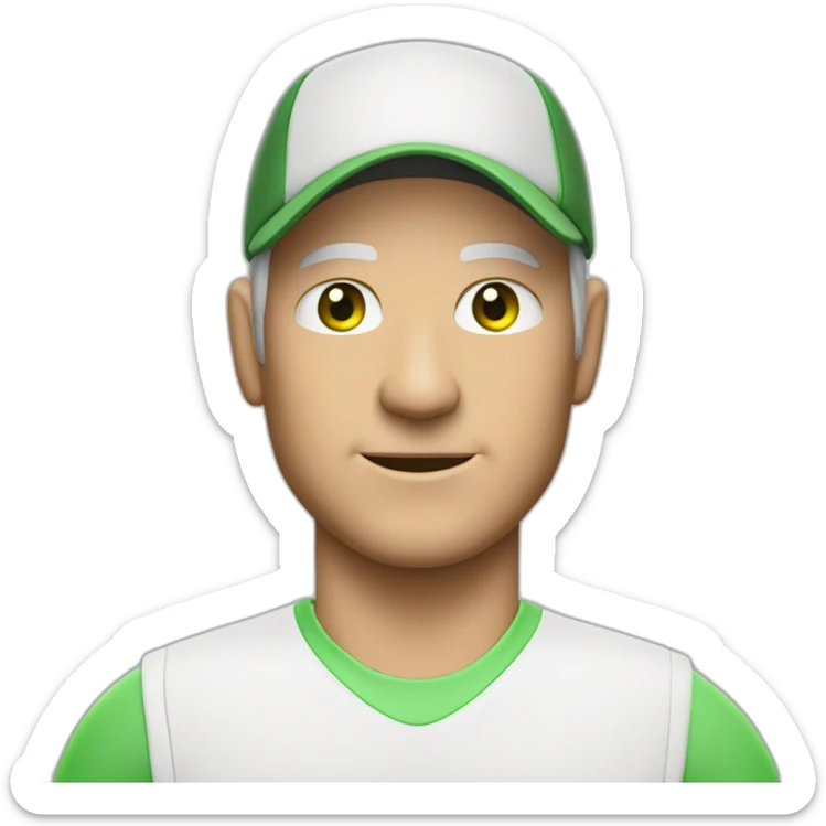 Tennisplayer white male in his 50s,Green-eyes, gray-hear, white cap with tennis-raquet and tennis-ball sticker