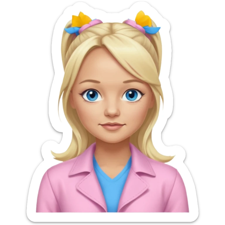 Emma Bunton with long blonde ponytail hair, blue eyes, light pink outfit sticker