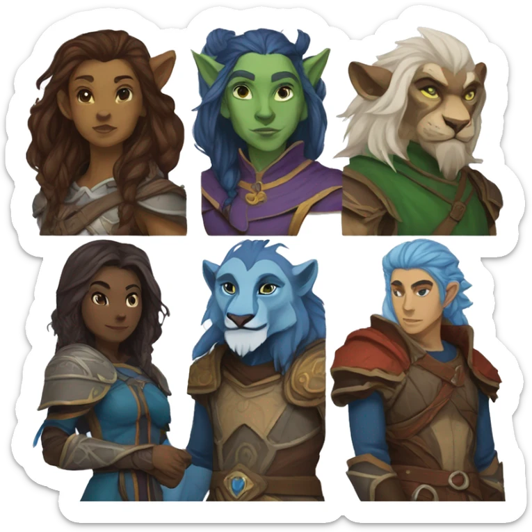 A dungeons and dragons team consisting of a human rogue,a blue Druid firbolg, a lion paladin and a female elf wizard sticker