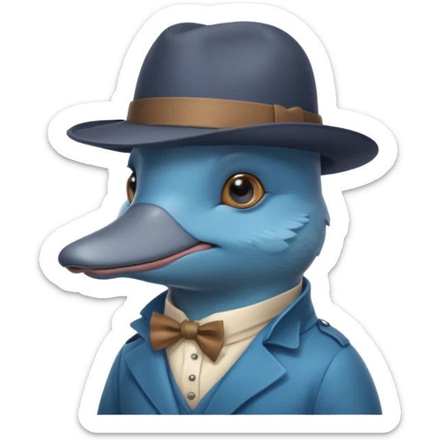 cute blue platypus with a detective hat and monocle on his eye, no  hands, looks like a platypus but blue sticker