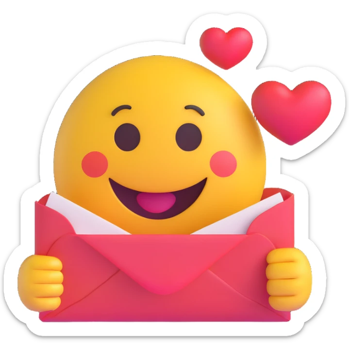 3D smiley emoji, round shape, in love, with a love letter, smiling face, no body sticker