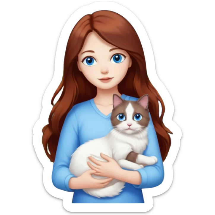 A woman with long dark auburn hair holding a white ragdoll cat in the garden of flowers sticker
