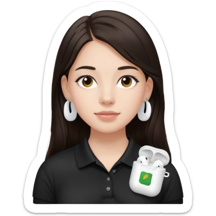 Girl with long dark brown hair with airpods wearing a black wegmans grocery store polo sticker
