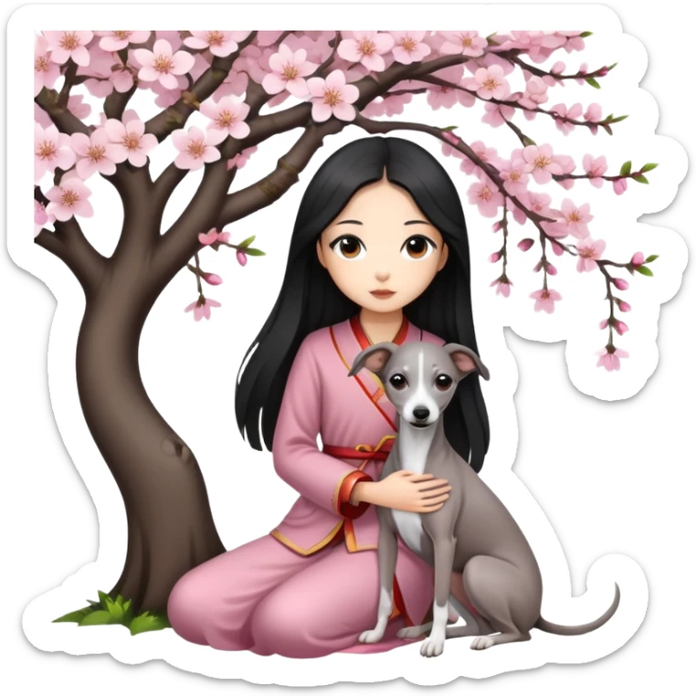 A young Chinese girl with long black hair and a dark grey Italian Greyhound with absolutely no white marks on its body or nose sitting under a cherry blossom tree sticker