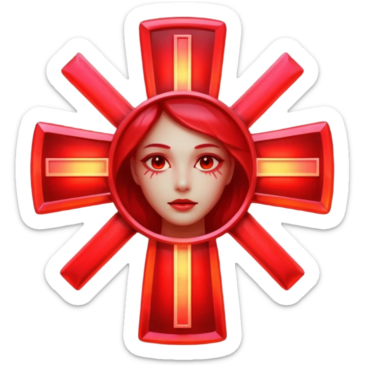 A vibrant scarlet cross made of glossy neon light, emitting a warm red aura. No background, just the glowing symbol sticker