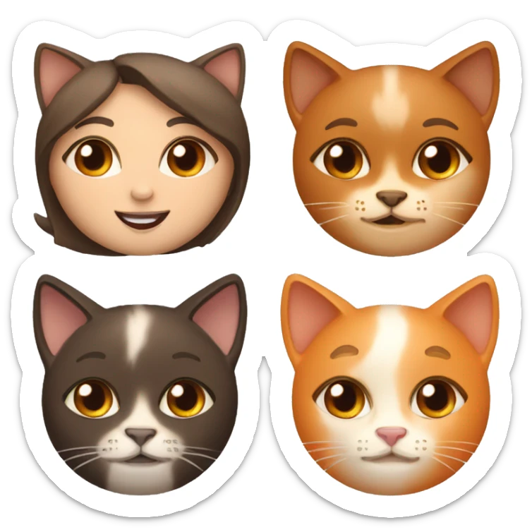 Girl with brown eyes and long brown hair with two cats on her sides: one orange and the other one Siamese sticker