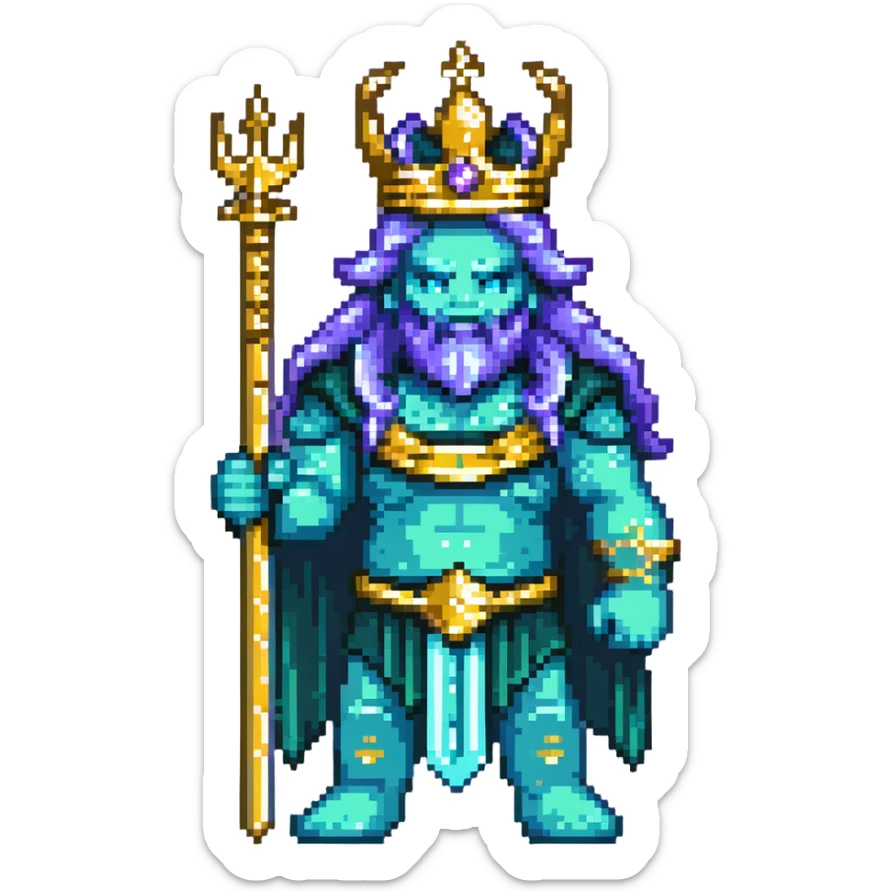 Neptune god of the sea wielding golden trident, blue-green skin, wearing crown sticker