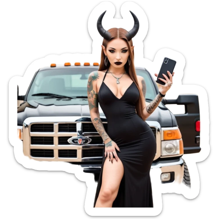 Sensual queen long brown straight haired mafia woman with black shiny platform high heels on her feet,  and black devil horns on her head, tattoos on arms , holding a stack of cash, has a phone in other hand. Sitting on a large big new model F350 pickup truck  long black dress with sexy butt sticker