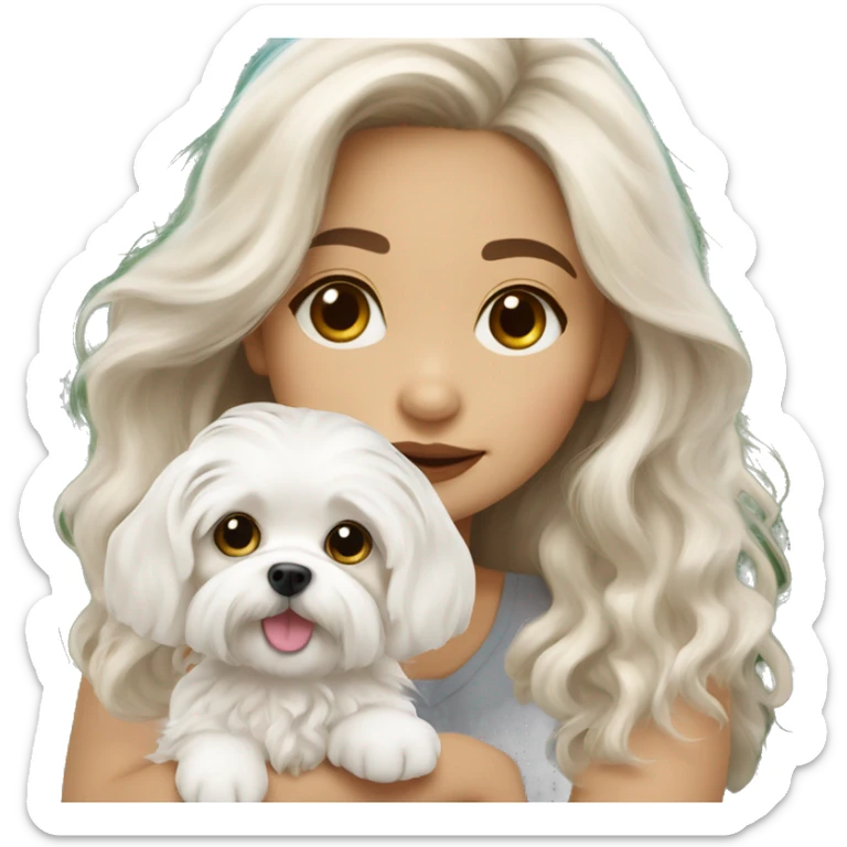 Maltese puppy with light skin Filipino girl owner long wavy hair sticker