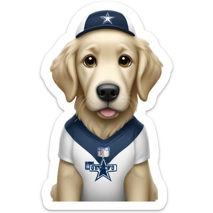 white golden retriever wearing Dallas Cowboy football uniform sticker