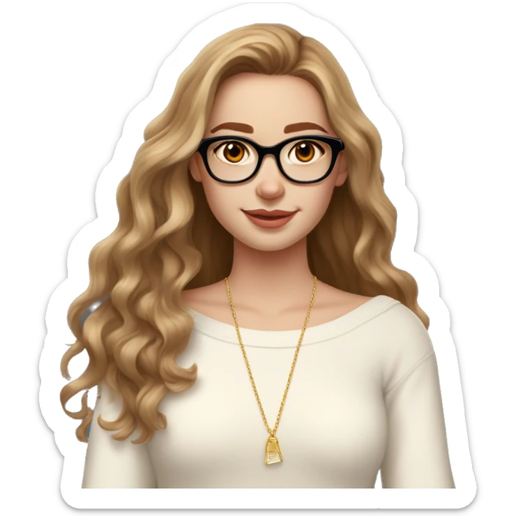 Girl with pale skin, long wavy brown hair with slight orange balayage wearing an off shoulder white sweater, a golden necklace, golden earrings and a pair of rectangular black glasses. She had dark brown eyes  sticker