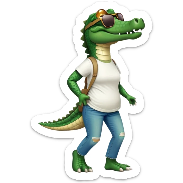 anthropomorphised female crocodile in a band t-shirt and jeans with sunglasses walking upright, relaxed pose sticker