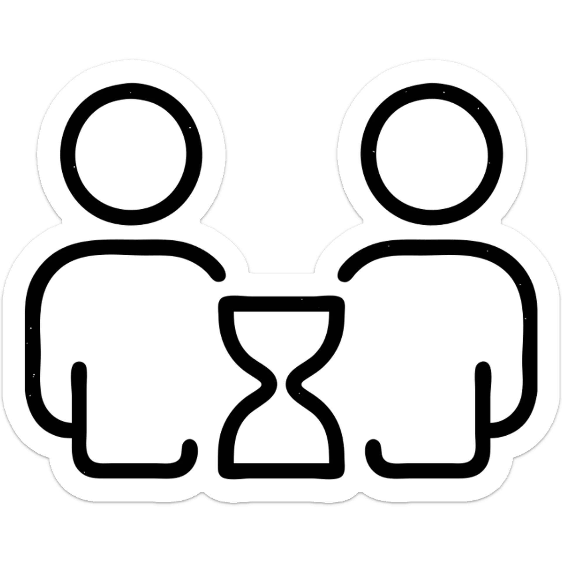 ultra-minimalist outlined icon of two figures with a small clock or hourglass, worn and distressed style sticker
