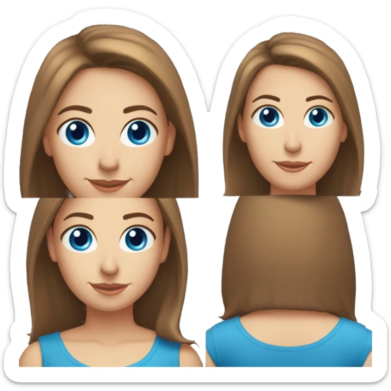 A head and shoulders shot of a 33 year old Caucasian woman, with straight brown hair,   with blue eyes wearing a t-shirt. sticker