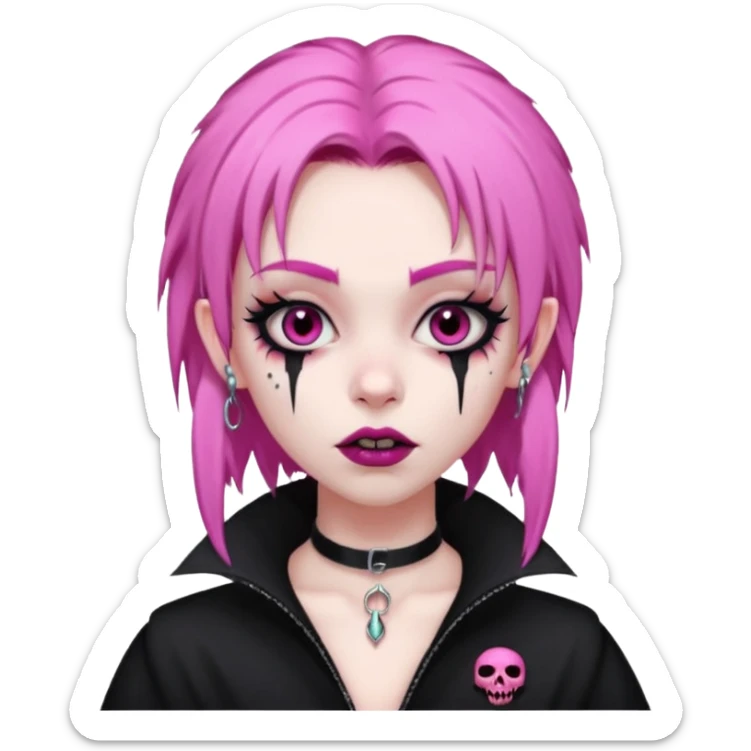 girl, pale black vampire, pink hair, very long, shaggy, dark, spooky,double eyebrow dermal piercing, creepy expression sticker