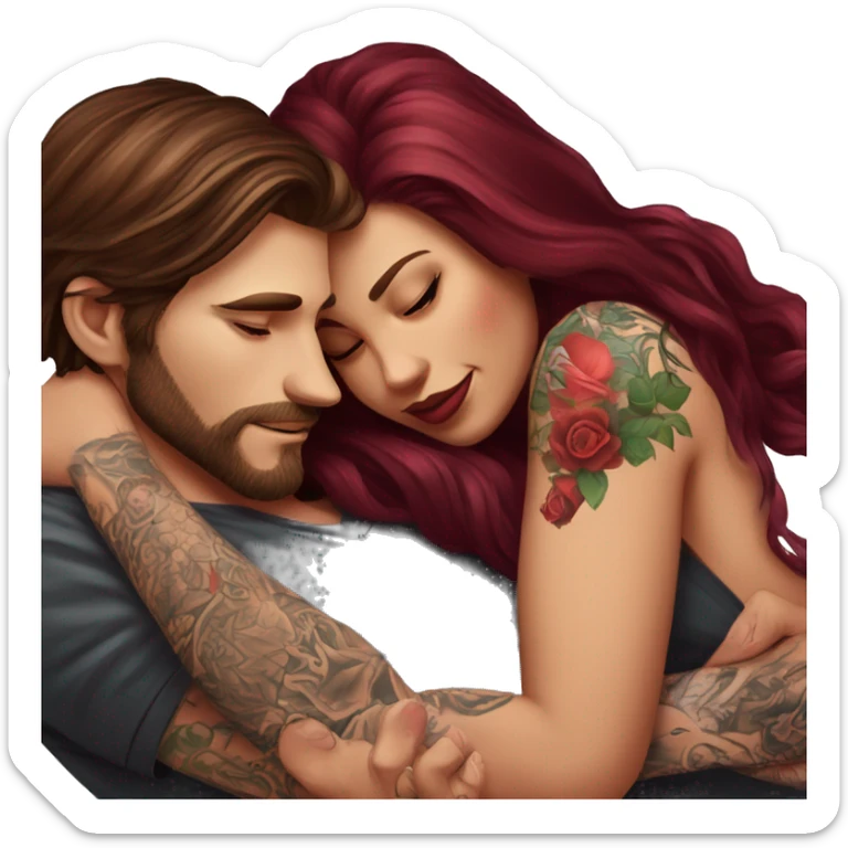 Beautiful tattooed burgundy long haired woman laying on the boyfriends chest sticker