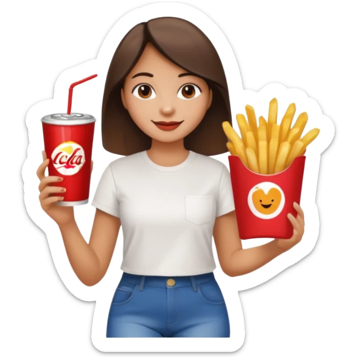 a young woman full length with cola in one hand and french fries in the other hand and a painting under her arm walking left sticker