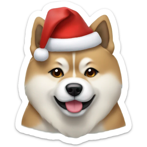 Akita with teddy in his mouth and cute eyes and cute smile with a Christmas hat sticker